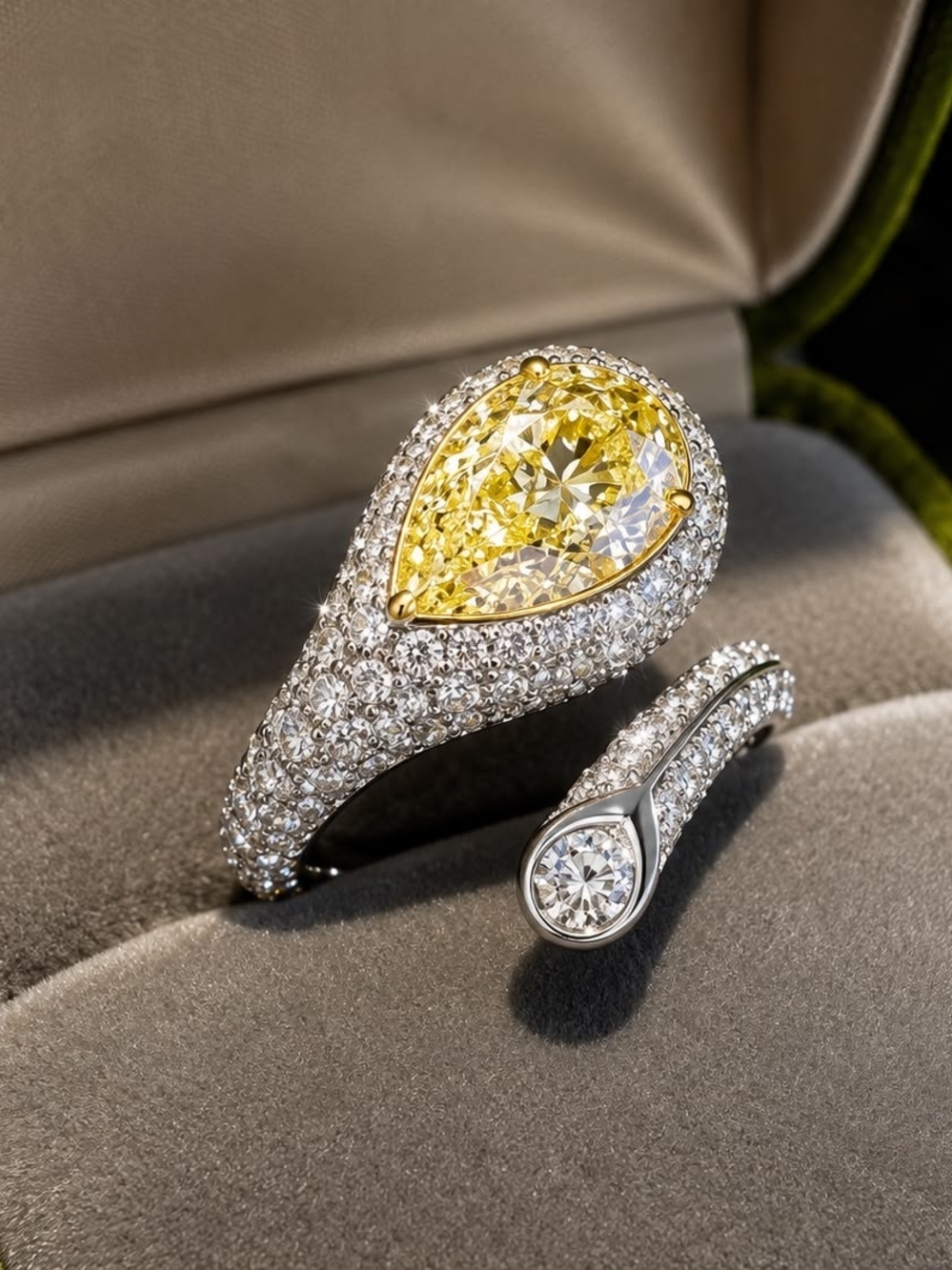 Yellow Pear-Cut Halo Ring with Pavé Diamonds
